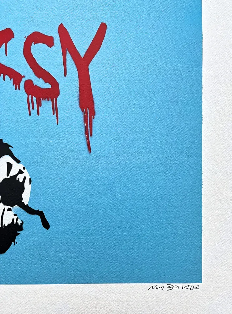 BANKSY/NOT BANKSY - Rat with Spray Cans L-blue 3/5 - originální ručně stříkaný sprej na papíře