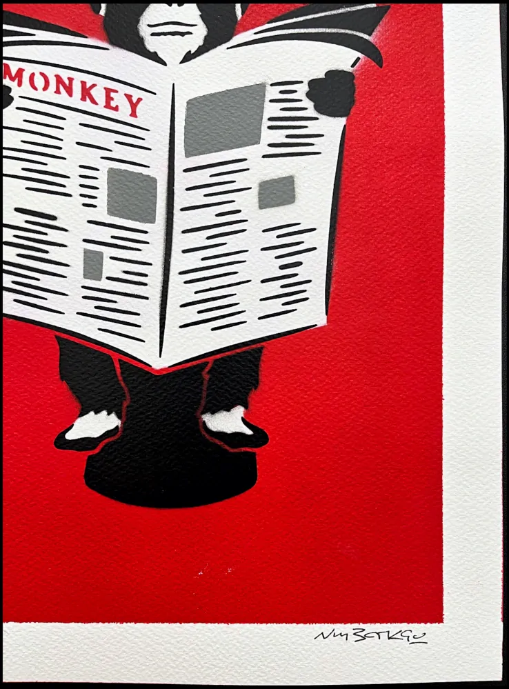 BANKSY/NOT BANKSY - Monkey Business red 1/5 - originální ručně stříkaný sprej na papíře