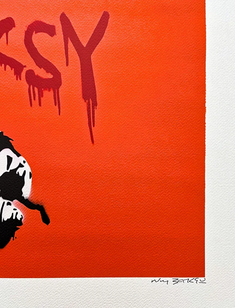 BANKSY/NOT BANKSY - Rat with Spray Cans orange 3/5 - originální ručně stříkaný sprej na papíře