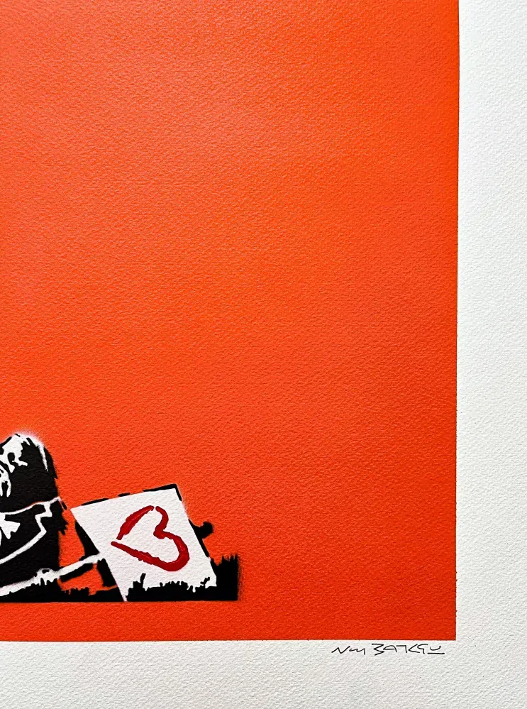 BANKSY/NOT BANKSY - Peace vs Love orange 2/5 - originální ručně stříkaný sprej na papíře