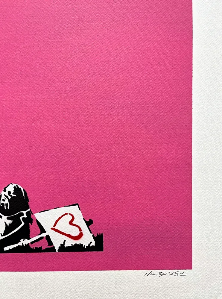 BANKSY/NOT BANKSY - Peace vs Love pink 2/5 - originální ručně stříkaný sprej na papíře
