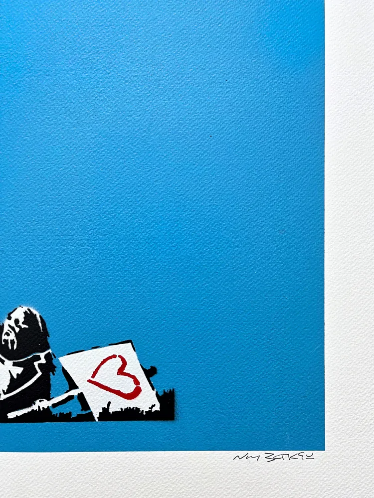 BANKSY/NOT BANKSY - Peace vs Love F-blue 2/5 - originální ručně stříkaný sprej na papíře