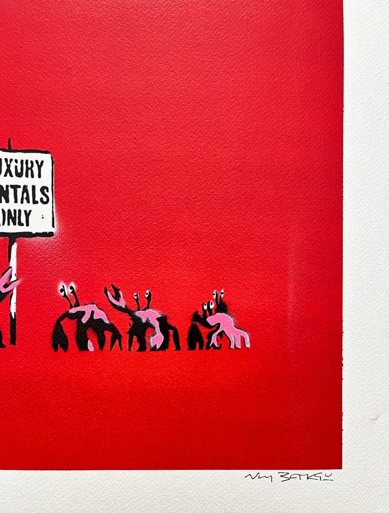 BANKSY/NOT BANKSY - Luxury Rentals Only red 2/5 - originální ručně stříkaný sprej na papíře