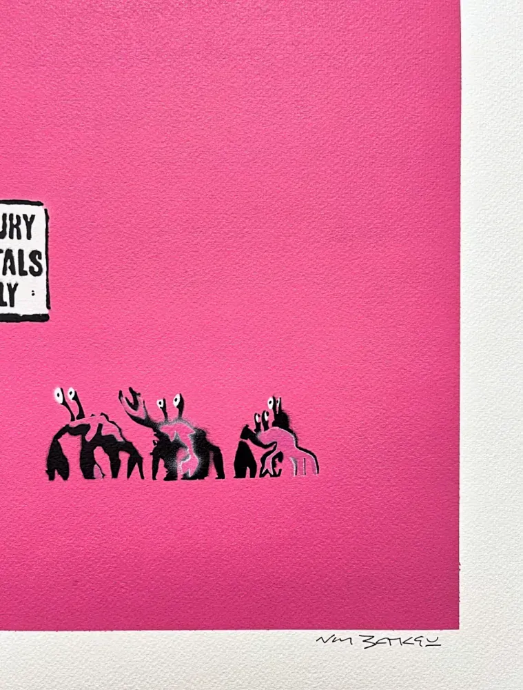 BANKSY/NOT BANKSY - Luxury Rentals Only pink 2/5 - originální ručně stříkaný sprej na papíře