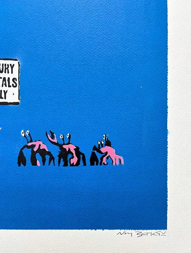 BANKSY/NOT BANKSY - Luxury Rentals Only blue 2/5 - originální ručně stříkaný sprej na papíře