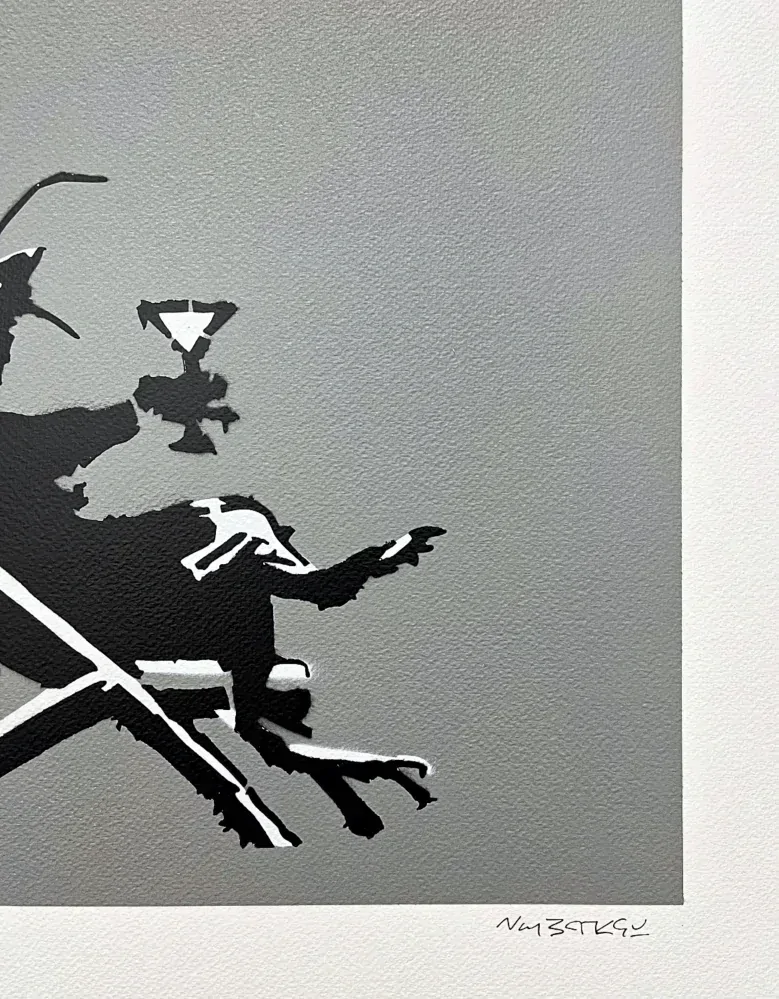 BANKSY/NOT BANKSY - Rat Drinking Coctail gray 1/5 - originální ručně stříkaný sprej na papíře