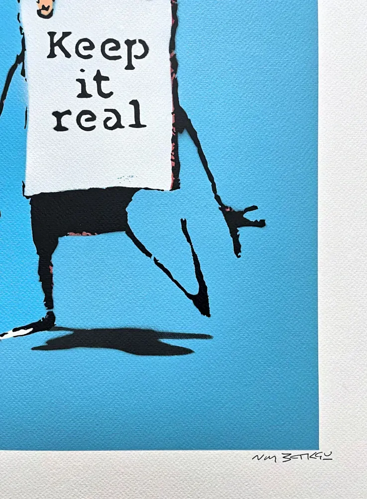 BANKSY/NOT BANKSY - Keep it Real L-blue 6/10 - originální ručně stříkaný sprej na papíře