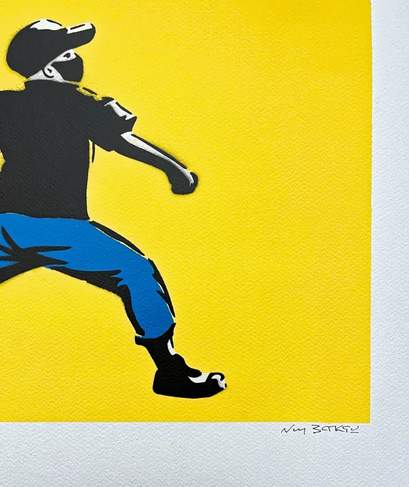 BANKSY/NOT BANKSY - Flower Thrower yellow 2/5 - originální ručně stříkaný sprej na papíře