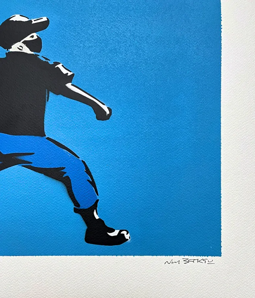 BANKSY/NOT BANKSY - Flower Thrower F-blue 2/5 - originální ručně stříkaný sprej na papíře