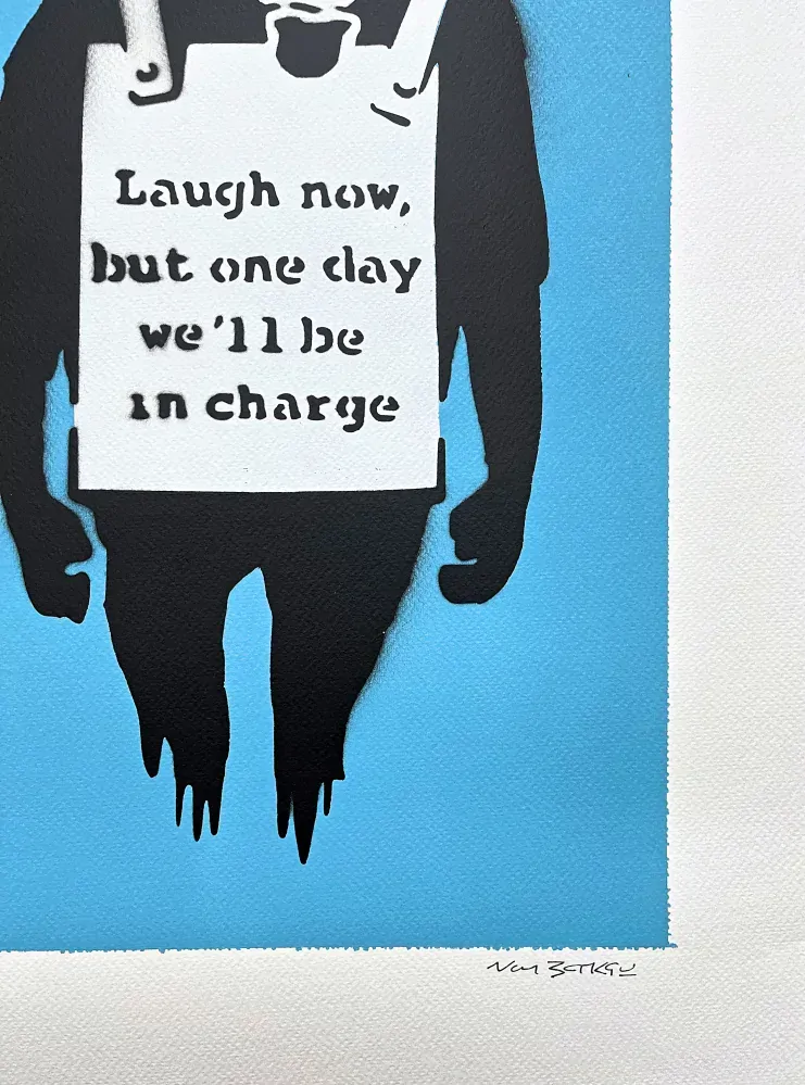 BANKSY/NOT BANKSY - Laugh Now L-blue 2/5 - originální ručně stříkaný sprej na papíře
