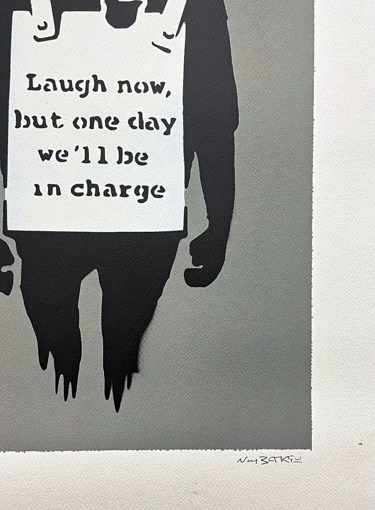 BANKSY/NOT BANKSY - Laugh Now gray 2/5 -  originální ručně stříkaný sprej na papíře