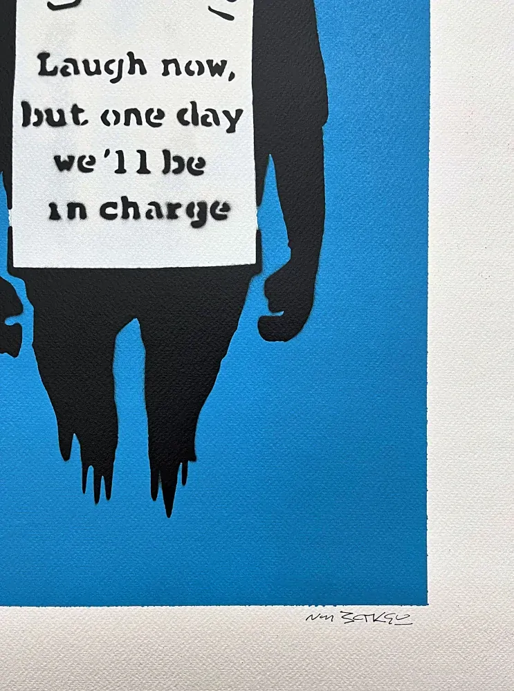 BANKSY/NOT BANKSY - Laugh Now F-blue 2/5 -  originální ručně stříkaný sprej na papíře