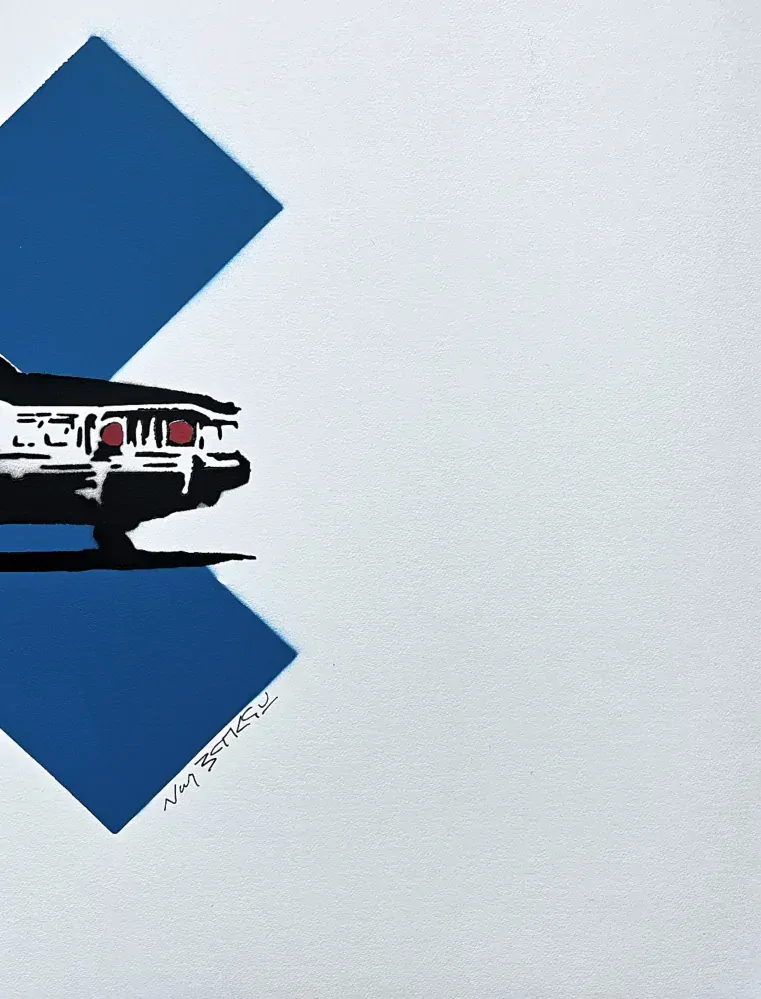 BANKSY/NOT BANKSY - Cop car on bricks 2/10 - originální ručně stříkaný sprej na papíře