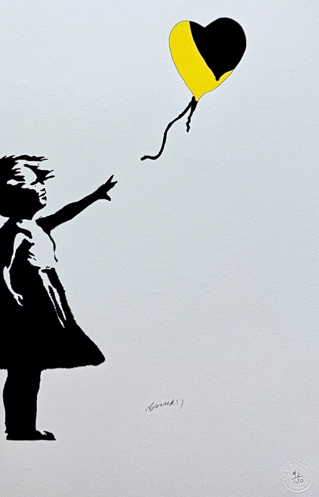 Banksy - Girl with Balloon černo-žlutá 92/150 - číslovaná edice s certifikátem, 50x70cm