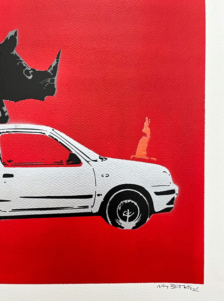 BANKSY/NOT BANKSY - Rhino love red 2/5 - originální ručně stříkaný sprej na papíře