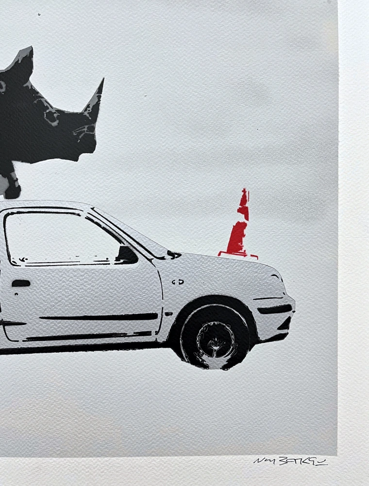 BANKSY/NOT BANKSY - Rhino love s/gray 2/5 - originální ručně stříkaný sprej na papíře