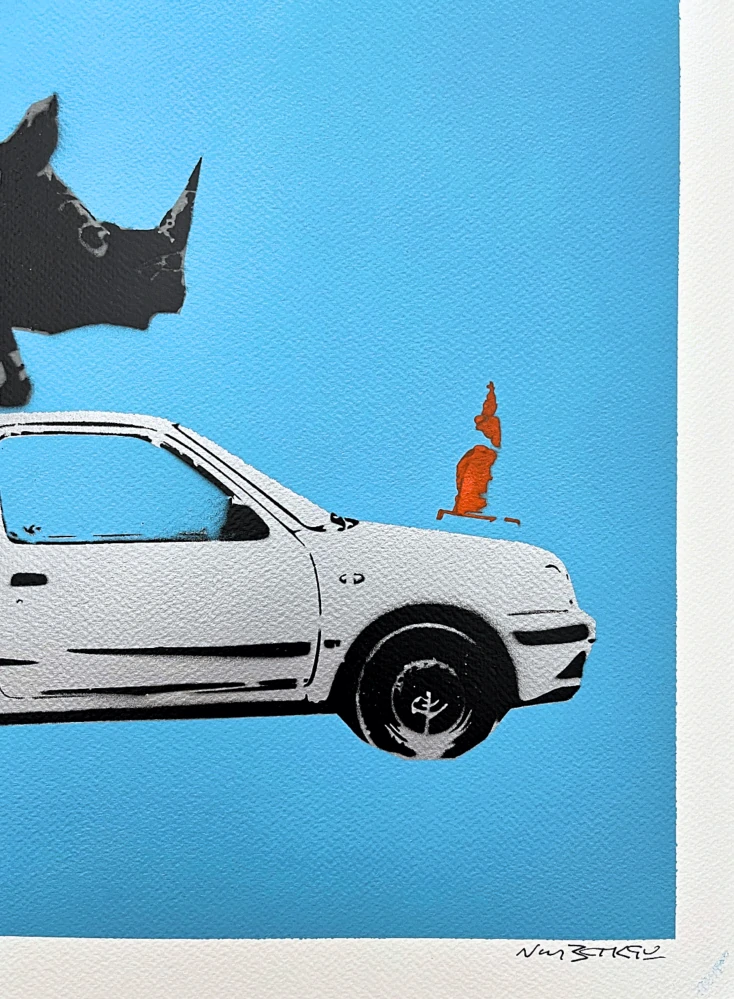 BANKSY/NOT BANKSY - Rhino love l/blue 2/5 -  originální ručně stříkaný sprej na papíře