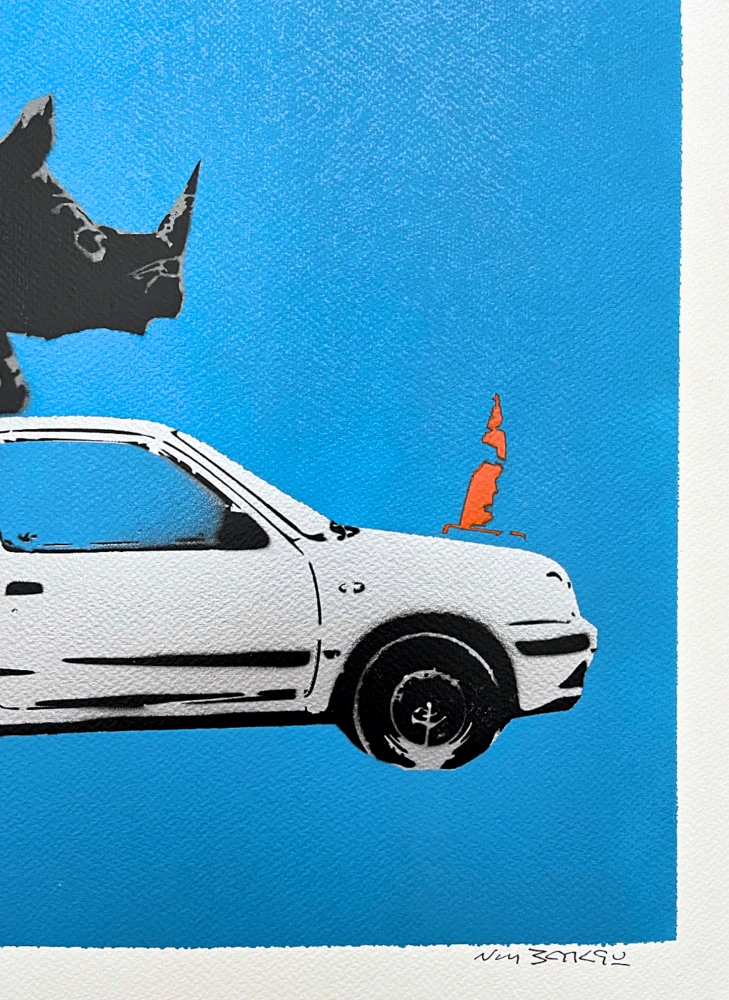 BANKSY/NOT BANKSY - Rhino love f/blue 2/5 - originální ručně stříkaný sprej na papíře