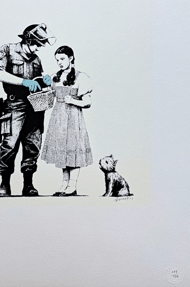 Banksy - Stop and Search v modrých rukavicích 109/150 - číslovaná edice s certifikátem, 50x70cm