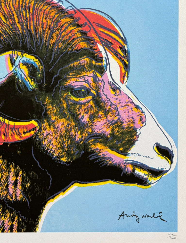 Andy Warhol - Bighorn ram růžovo-modrý 127/500 - signováno, 50x50cm, limitovaná edice CMOA s certifikátem