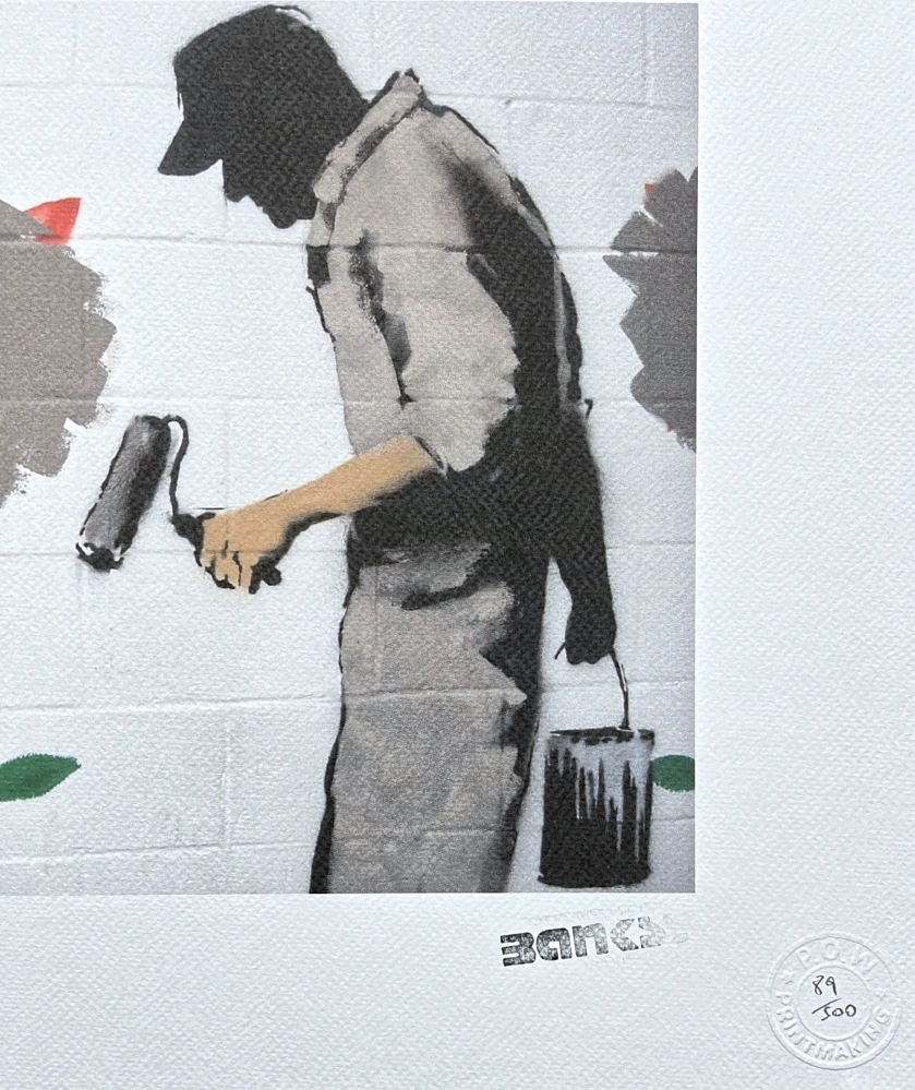 Banksy - Boy with flower wall 89/150 - číslovaná edice s certifikátem, razítko, 50x35cm