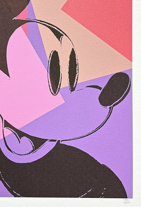 Andy Warhol - Mickey Mouse růžovo-fialový 248/500 - signováno, 50x50cm, limitovaná edice CMOA s certifikátem