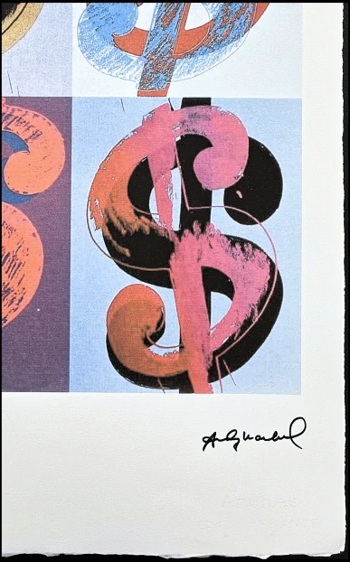 Andy Warhol - 4x Dollar Sign barevný na modrém pozadí 75/100 - edice Leo Castelli s certifikátem