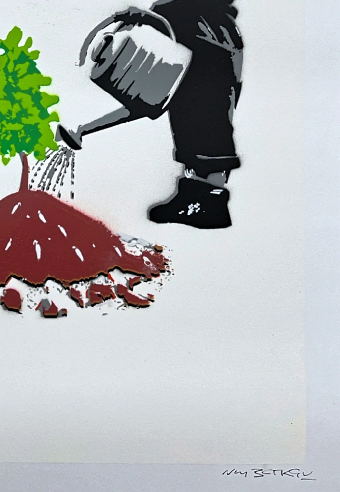 BANKSY/NOT BANKSY - Out of War Comes Hope 7/10 - originální ručně stříkaný sprej na papíře
