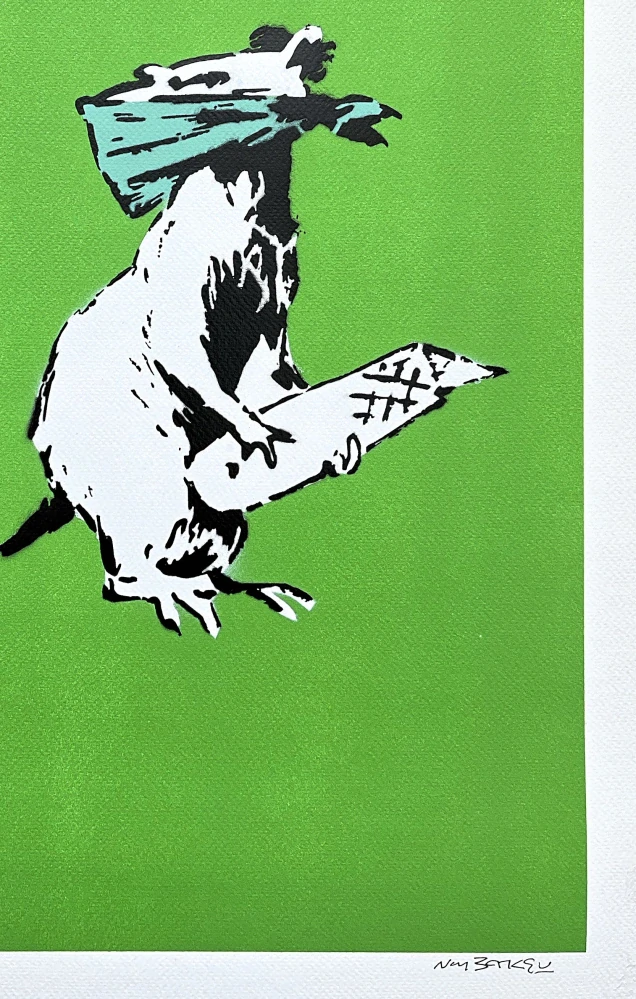 BANKSY/NOT BANKSY - Rat with Scalpel green 2/10 - originální ručně stříkaný sprej na papíře
