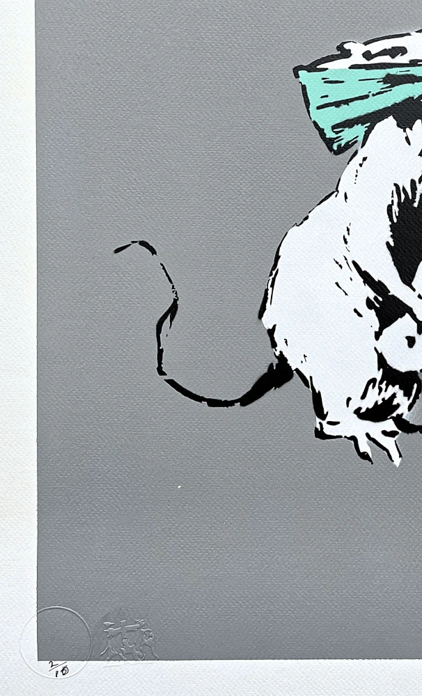BANKSY/NOT BANKSY - Rat with Scalpel gray 2/10 - originální ručně stříkaný sprej na papíře