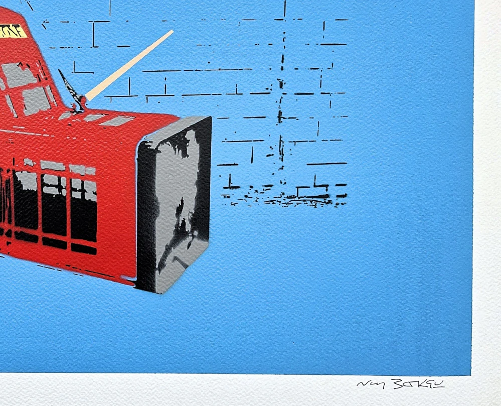 BANKSY/NOT BANKSY - Death of the Phone Box f/blue 1/1 -  originální ručně stříkaný sprej na papíře