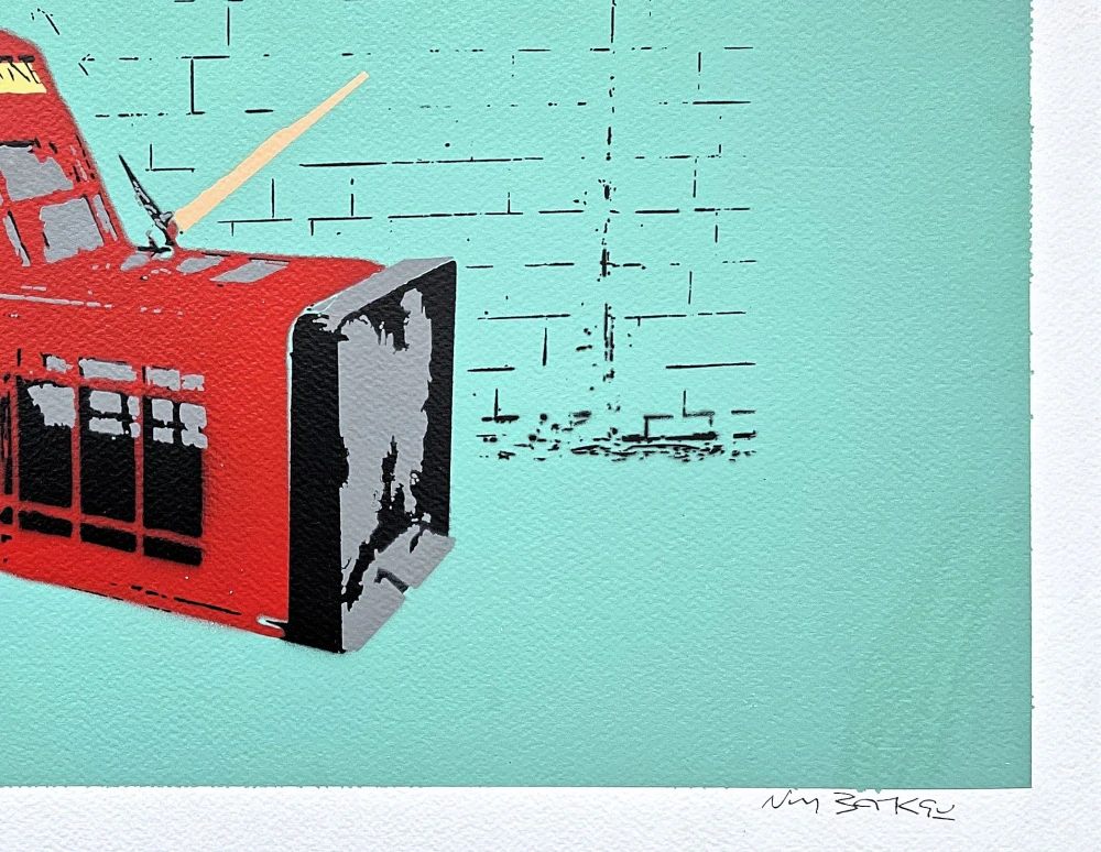 BANKSY/NOT BANKSY - Death of the Phone Box g/green 1/1 -  originální ručně stříkaný sprej na papíře