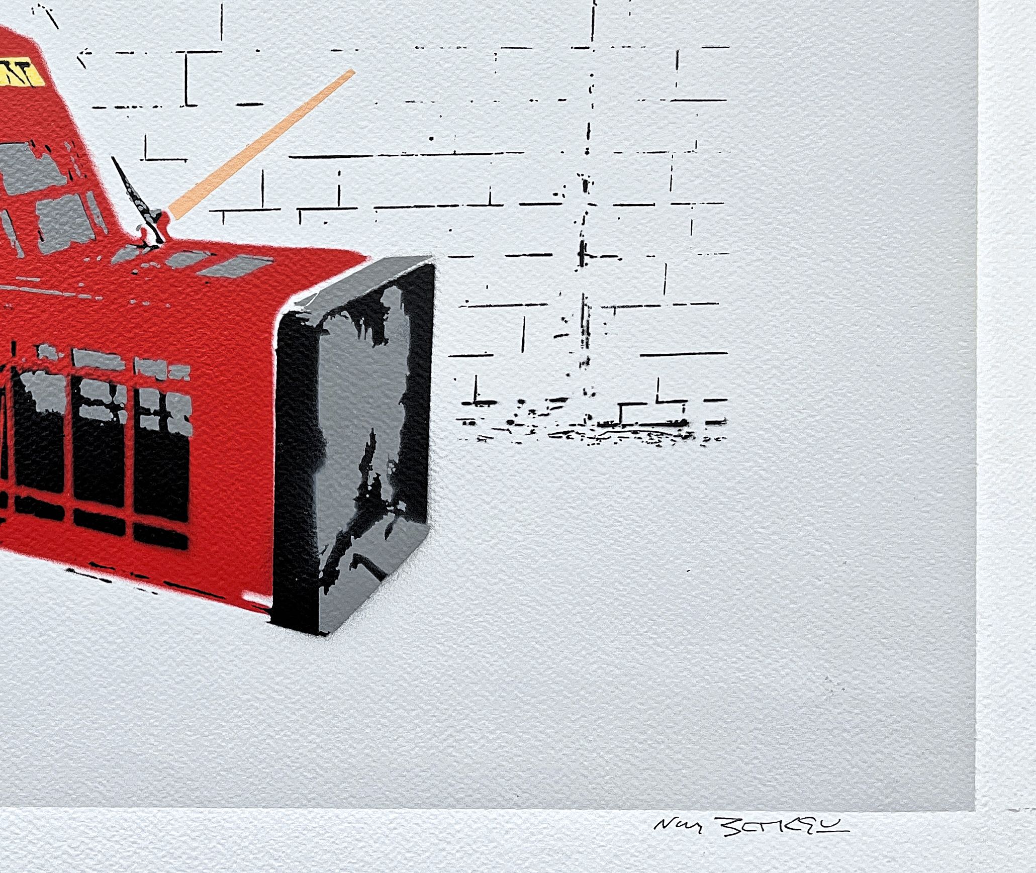 BANKSY/NOT BANKSY - Death of the Phone Box s/gray 1/1 -  originální ručně stříkaný sprej na papíře