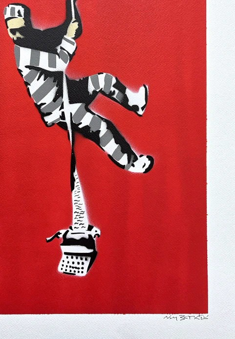 BANKSY/NOT BANKSY - Create escape red 3/5 - originální ručně stříkaný sprej na papíře