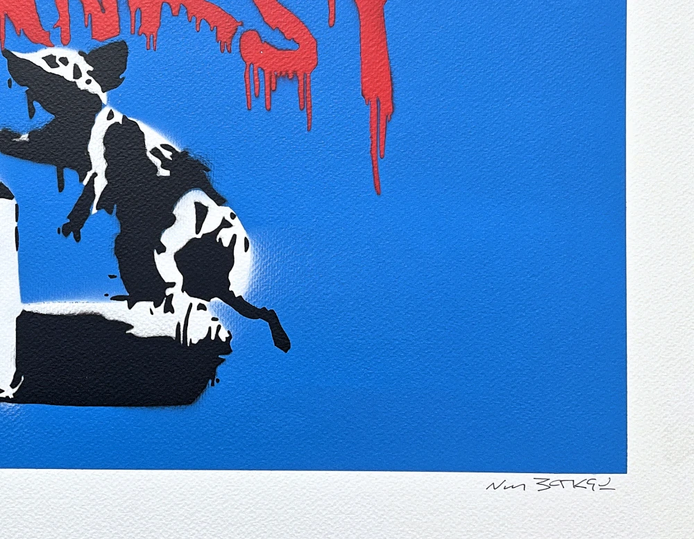 BANKSY/NOT BANKSY - Rat with Spray Cans blue 3/5 - originální ručně stříkaný sprej na papíře