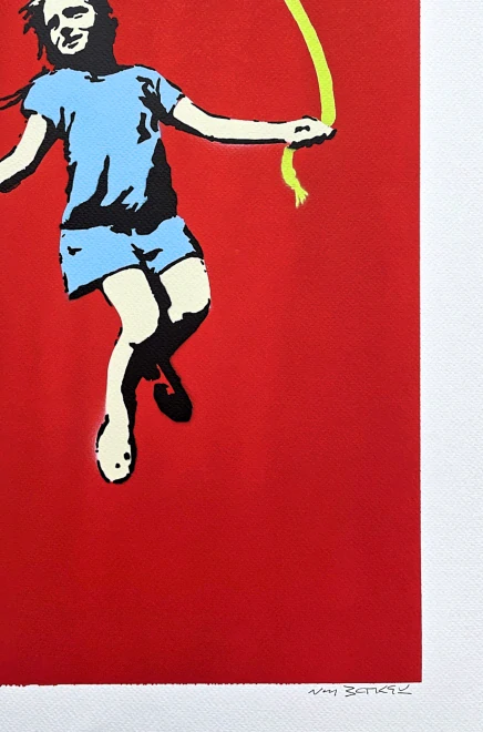 BANKSY/NOT BANKSY - Girl with skipping rope red 1/5 - originální ručně stříkaný sprej na papíře