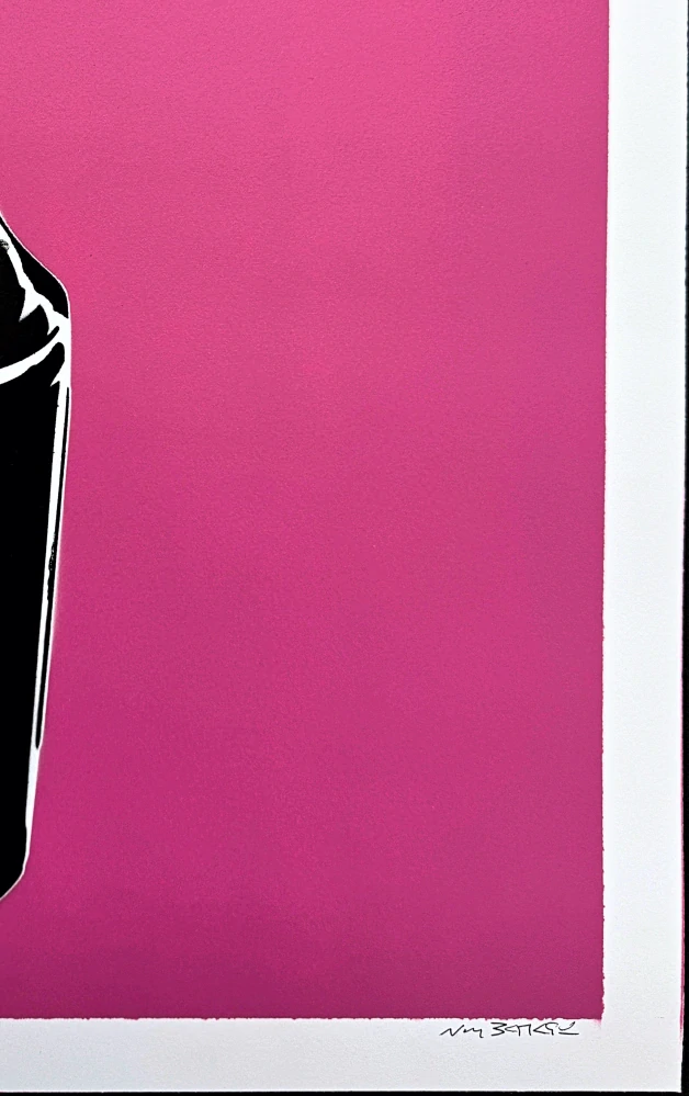 BANKSY/NOT BANKSY - Girl with spray can - pink 1/5 -  originální ručně stříkaný sprej na papíře, 35x50cm