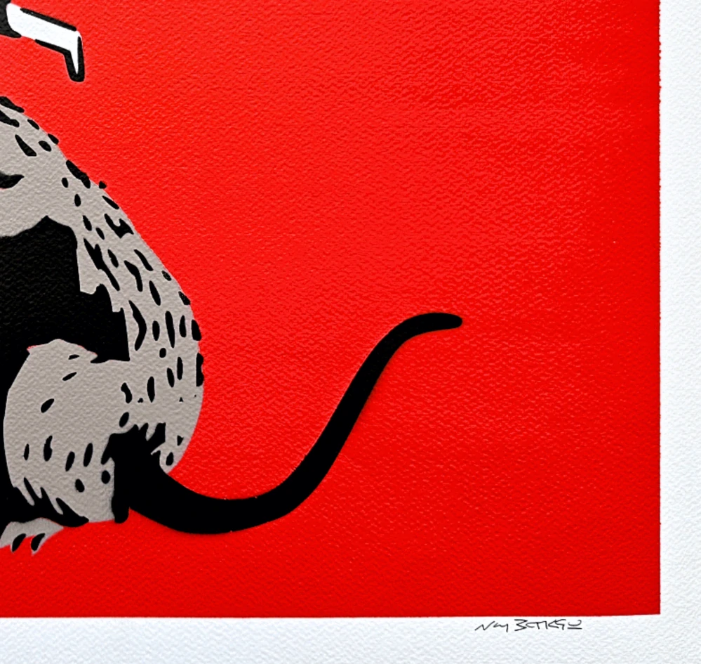 BANKSY/NOT BANKSY - 3D Rat - red 1/5 - originální ručně stříkaný sprej na papíře