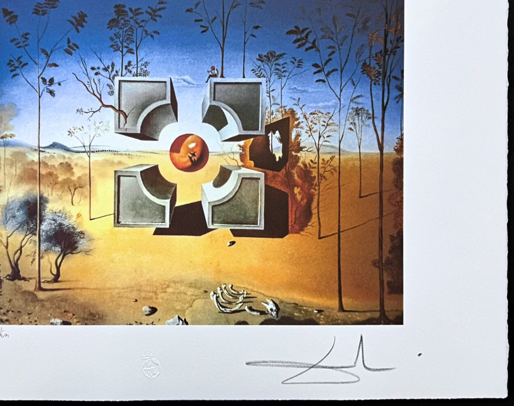 Salvador Dalí - Surrealist Landscape with Floating Cubes - signováno, limitovaná edice, 66x50cm