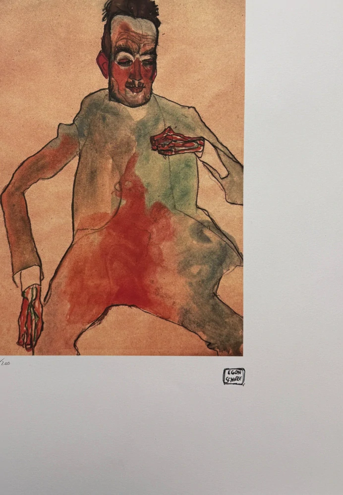 Egon Schiele - Seated Male Figure in Red and Green - x/200 - limitovaná edice, s certifikátem, 50x70 cm