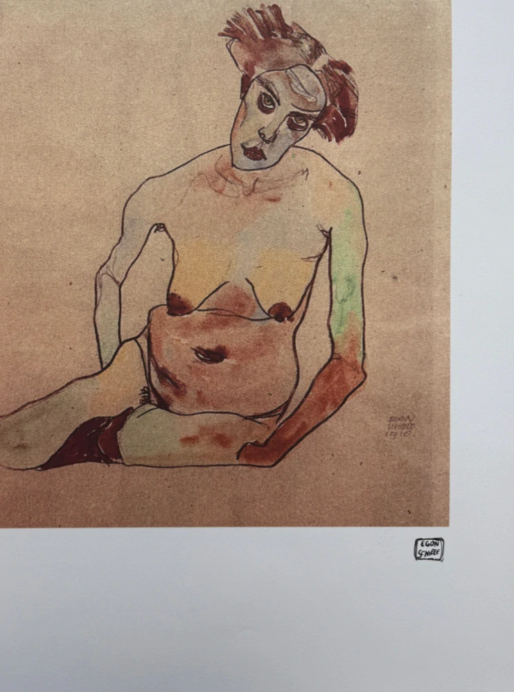 Egon Schiele - Seated Female Nude with Tilted Head and Raised Arms - x/200 - limitovaná edice, s certifikátem, 50x70 cm