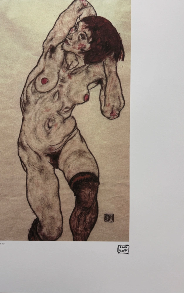 Egon Schiele - Kneeling Female Nude with Raised Arms - x/200 - limitovaná edice, s certifikátem, 50x70 cm