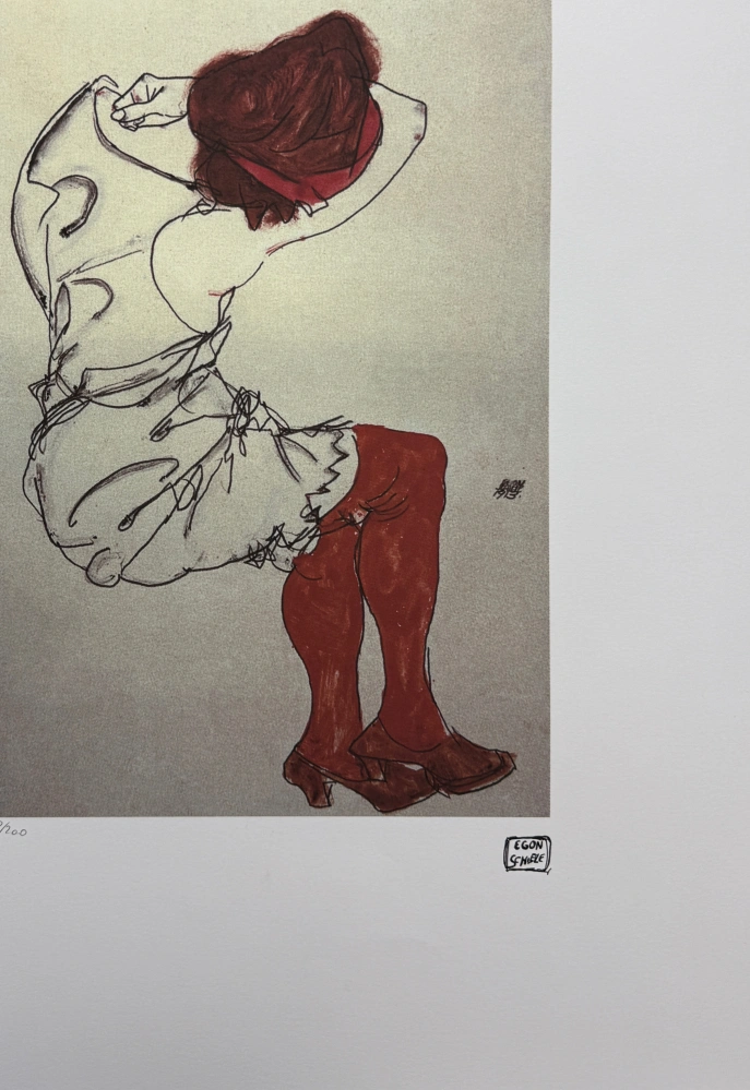 Egon Schiele - Woman in White Blouse and Red Stockings Seen from Behind - x/200 - limitovaná edice, s certifikátem, 50x70 cm