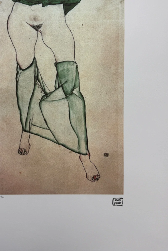 Egon Schiele - Kneeling Female Nude with Green Stockings - x/200 - limitovaná edice, s certifikátem, 50x70 cm