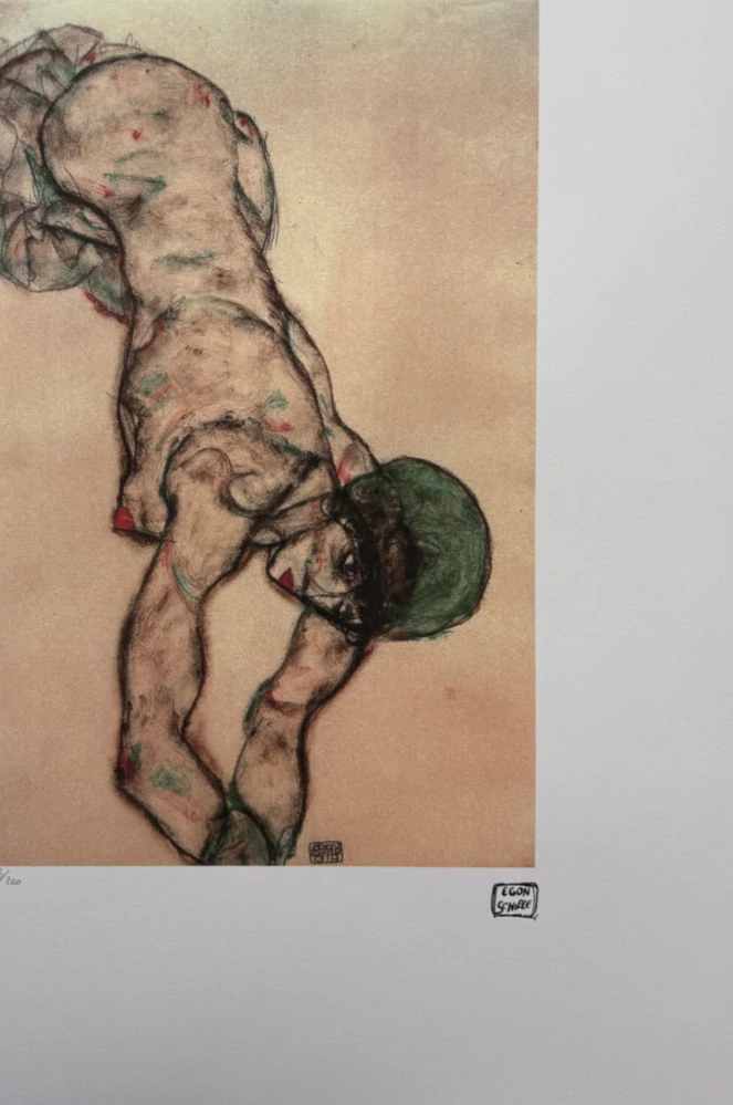 Egon Schiele - Contorted Female Nude with Green Hair - x/200 - limitovaná edice, s certifikátem, 50x70 cm