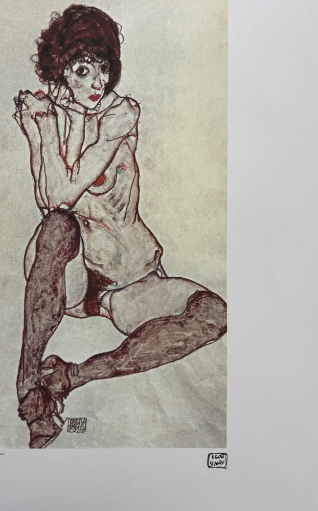Egon Schiele - Seated Female Nude with Dark Stockings - x/200 - limitovaná edice, s certifikátem, 50x70 cm