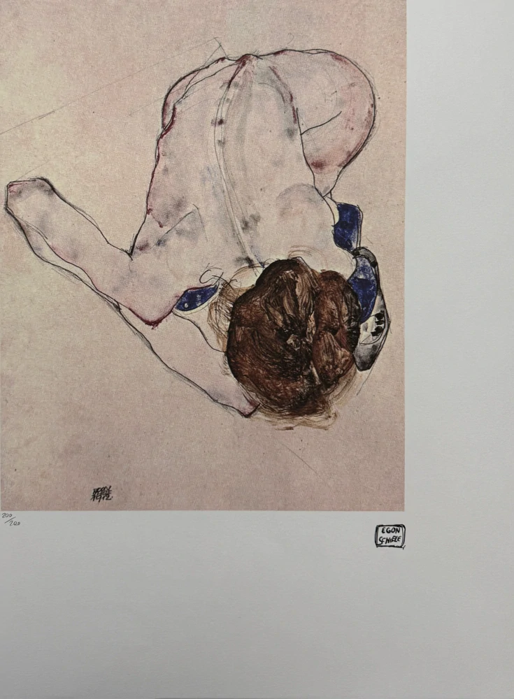 Egon Schiele - Reclining Female Nude with Blue Accents - x/200 - limitovaná edice, s certifikátem, 50x70 cm
