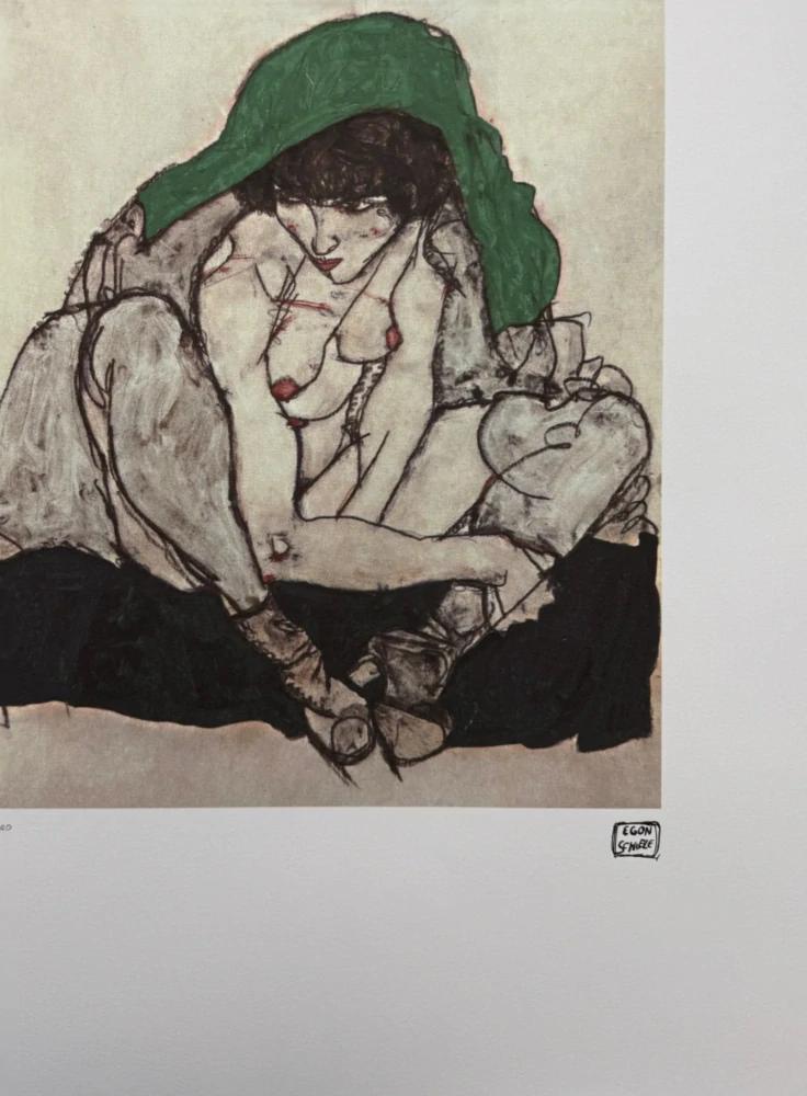 Egon Schiele - Crouching Female Nude with Green Drapery - x/200 - limitovaná edice, s certifikátem, 50x70 cm