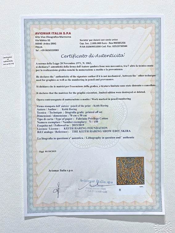 Keith Haring - Untitled beige and blue 71/150 - signováno, limitovaná edice s certifikátem, 50x70 cm