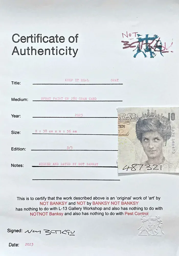 BANKSY/NOT BANKSY - Keep it Real gray 3/5 - originální ručně stříkaný sprej na papíře